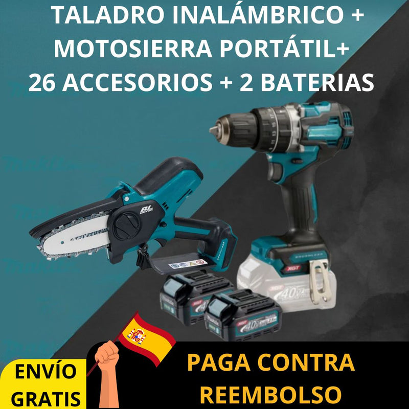 KIT ORIGINAL: TALADRO INALÁMBRICO + MOTOSIERRA PORTÁTIL + 26 ACCESORIOS + 2 BATERIAS PROMOCIÓN CIERRE DE TIENDA - Envío Gratis 24H MRW